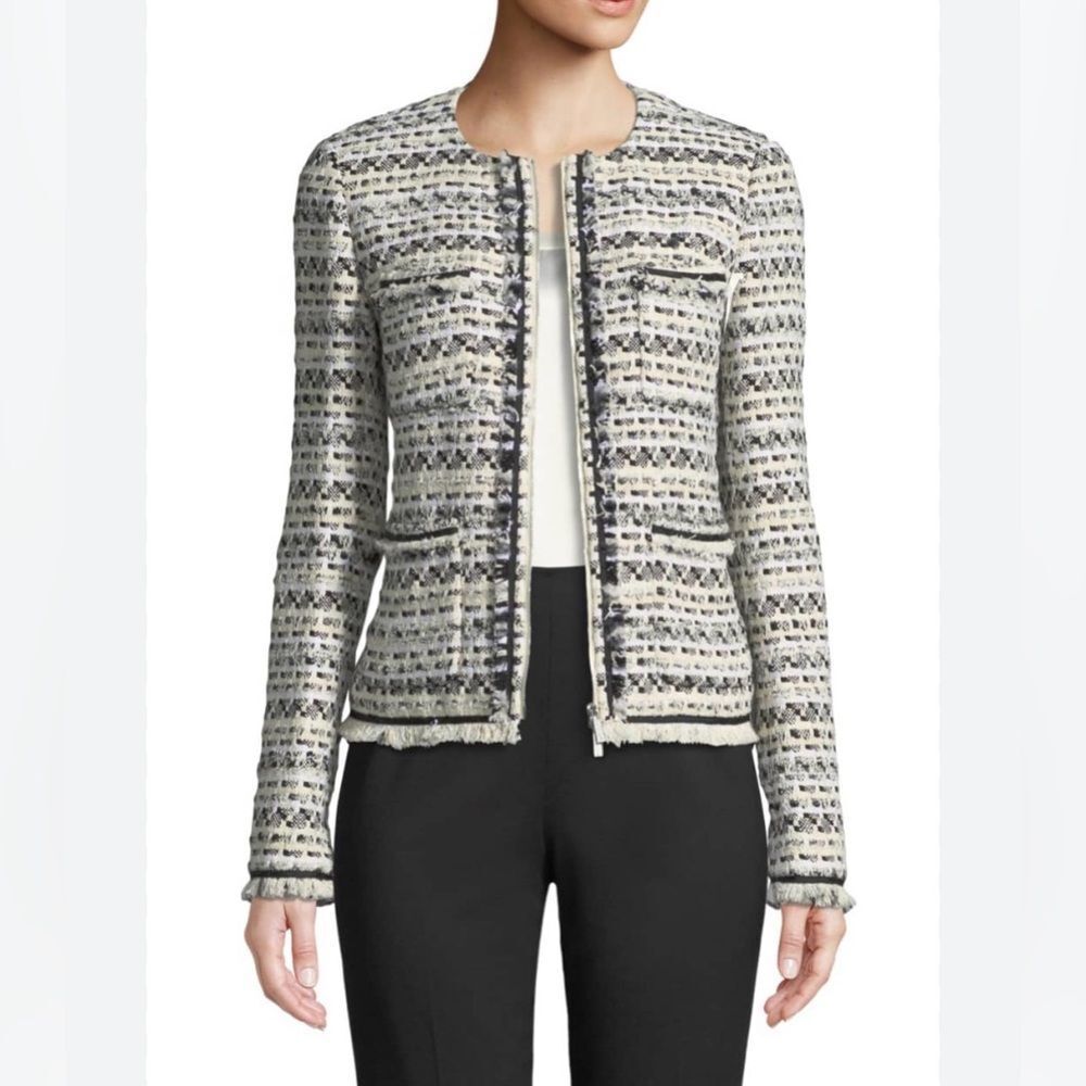 LAFAYETTE 148 NEW YORKS Benji Modulated Black White Tweed Fringe Jacket Sz 2
